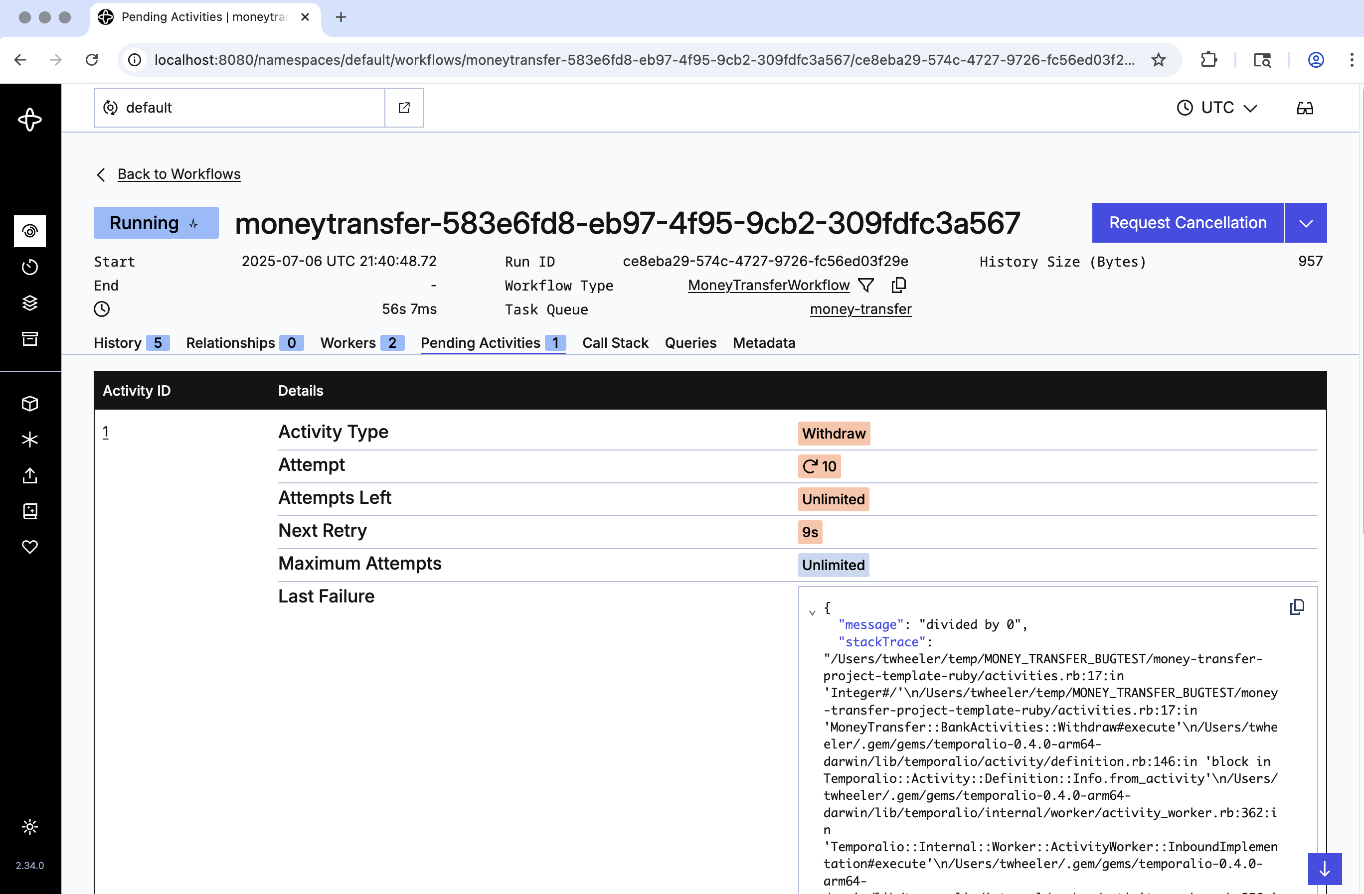 Pending Activities tab in Web UI